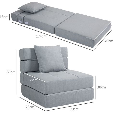 Fauteuil inclinable convertible en lit, avec 1 coussin, 70 cm x 70 cm x 61 cm, gris clair (1/5)
