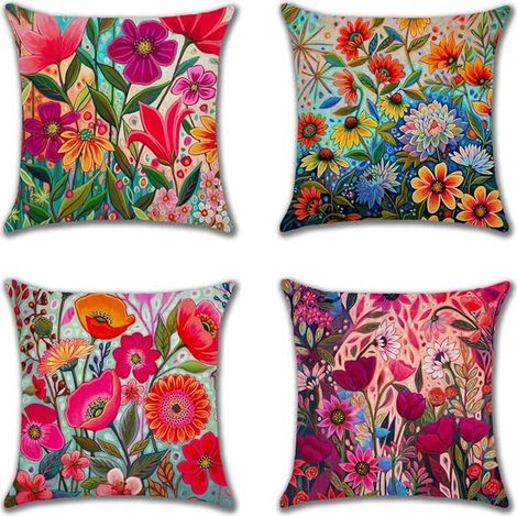 Set of 4 Cushion Covers 60 x 60 cm Pink Flower Butterfly Decorative Cushion Linen Sofa Outdoor Cushion for Living Room Bedroom Courtyard Garden Car Home Autumn Deco (1/5)