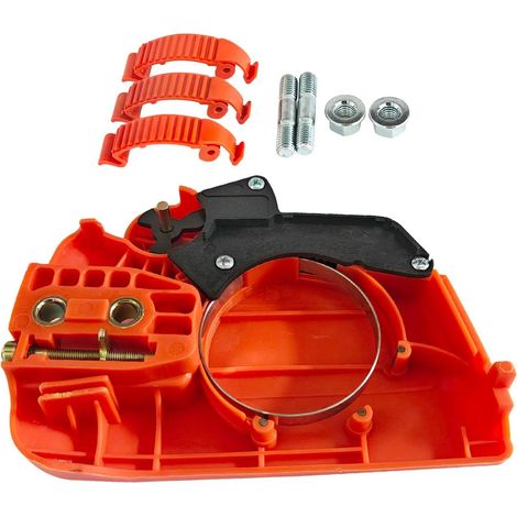 Conjunto de tapa de embrague lateral del freno de cadena para motosierra 235, 236 y 240, 2 tuercas, 2 pernos, 3 clips de hebilla naranjas. (1/5)
