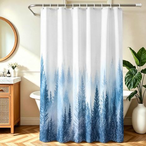 Rideau de douche 240 x 200 cm, bleu, ourlet lesté, anti-moisissure, imperméable, lavable, en polyester, avec 16 œillets et anneaux de rideau de douche pour salle de bain, baignoire (1/5)