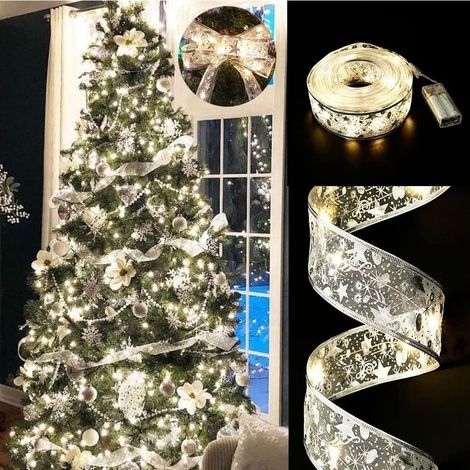Guirlande lumineuse 10m 100 LED fil cuivre rubans nœuds sapin Noël, lumière chaude argentée, alimentation par piles, déco fêtes mariage, ornement arbre festif (1/5)