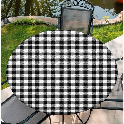 Nappe ronde avec élastique 90 cm à carreaux noir et blanc - Résistante aux intempéries et lavable