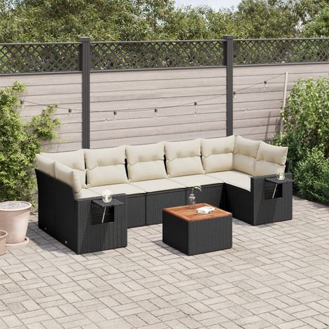 Ensemble de Jardin 8 Places en Résine Tressée Noir avec Coussins Crème - Salon d'Extérieur Modulaire avec Table Acacia (1/5)