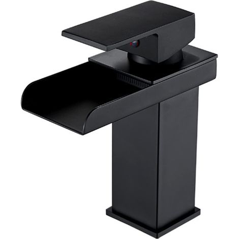 Grifo monomando para lavabo, tipo cascada, agua fría y caliente (negro, corto) (1/5)