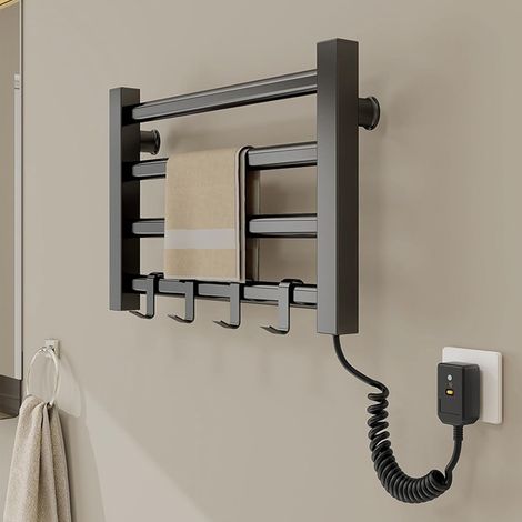 Warm Towel Mini/Porte-Serviettes Chauffant Mural éLectrique 4 Barres, Radiateur Chauffe Serviette Salle de Bain, Thermostat 55 °C, 55 X 35cm-Black (1/5)