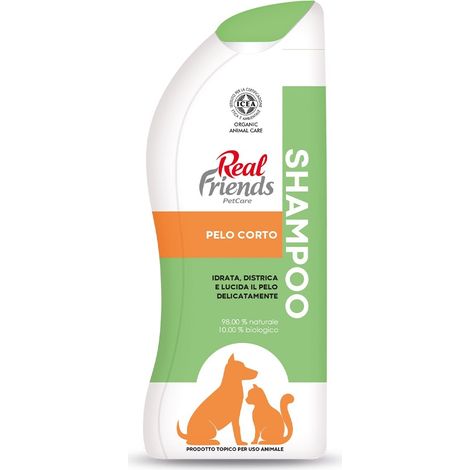 Real Friends Shampoo per Cani e Gatti a Pelo Corto, Idrata, Distica e Lucida il Pelo Delicatamente, Certificazione ICEA, Made in Italy, Confezione 300 ml