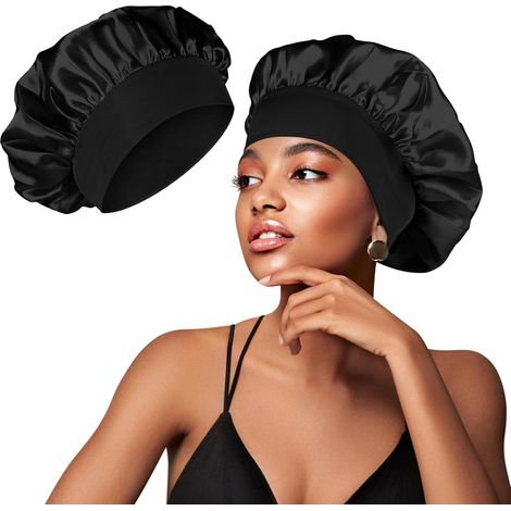 Satin-Nachthaube – 1 Stück – Schwarz – Verstellbar und elastisch – Für lockiges Haar und Haarpflege – 30 cm (1/5)