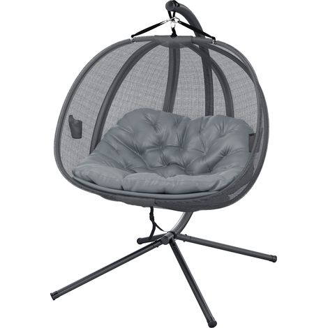 Double Hanging Egg Chair 2 Seaters Texteline Swing Hammock Chair with Stand, Cushion Folding Design, for Indoor Outdoor, Grey (1/5)