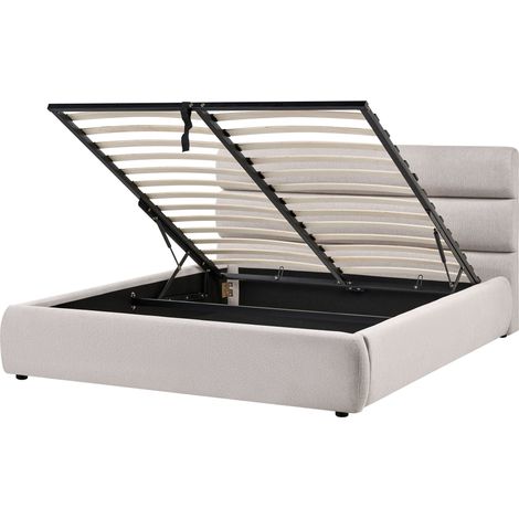 Slatted Bed Frame Grey Linen Fabric Upholstered Plastic Legs Ottoman Storage 5ft3 EU King Size Modern Design BONIFACIO (1/5)