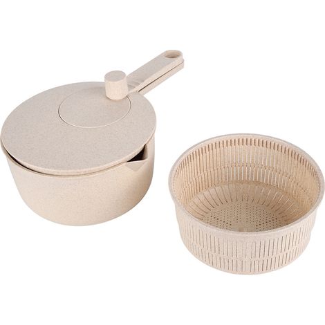 Manuelle Salatschleuder, Gemüse- und Obstschleuder, Trockengestell und Sieb, Reis- und Gemüsewaschgerät, beige Küchenutensil (1/5)