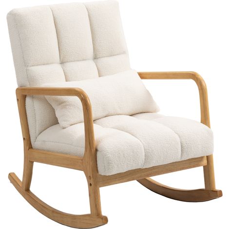 Poltrona a Dondolo 90°-130° con Cuscino Lombare rivestita in Tessuto Sherpa, 64.5x82x89 cm, Bianco e color Legno (1/5)