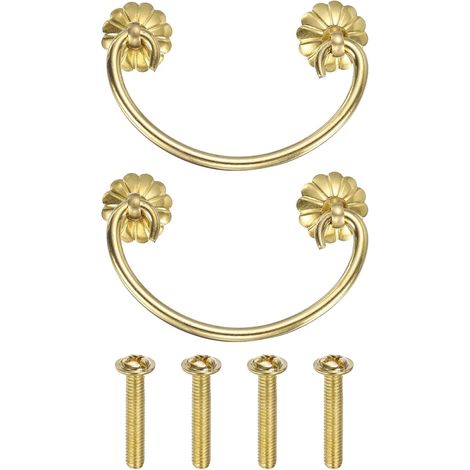 Set aus 2 Schubladengriffen aus Messing mit doppelten Befestigungslöchern, Vintage-Schubladengriffe in Blumenform für Schränke und Kommoden, goldfarben (1/5)