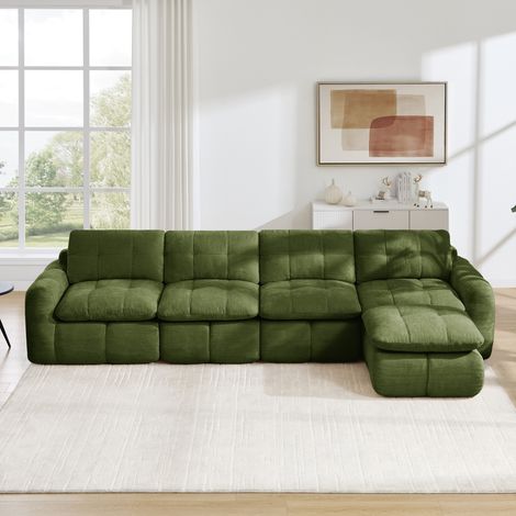 Modulares Ecksofa 4-Sitzer 334 × 160 × 68 cm aus Chenille in Grün mit Hocker (1/5)