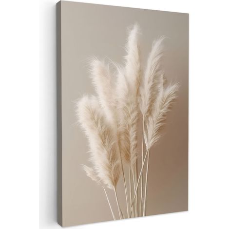 TABLEAU SUR TOILE Herbe de la pampa - Plumes - Pastel - Blanc Cadre Décoration Murale 40x60 cm