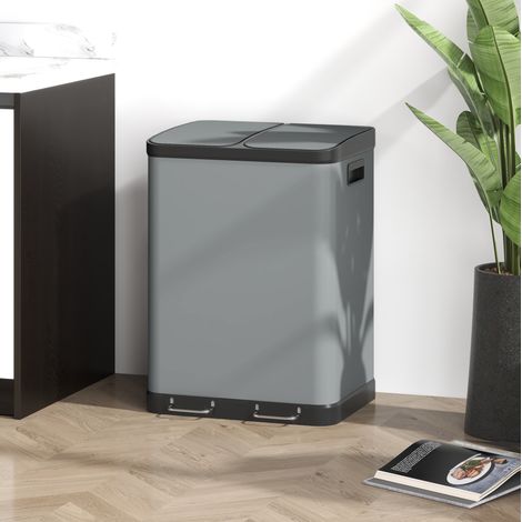 Bidone spazzatura 2 x 30 L a 2 scomparti, pedale e secchi interni, metallo grigio HAVRYA (1/5)