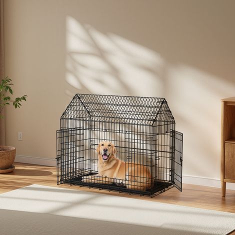 Cage pour Chien Pliable, 120 x 72,5 x 109 cm, Métal, Double Porte, Nettoyage Facile, Noir