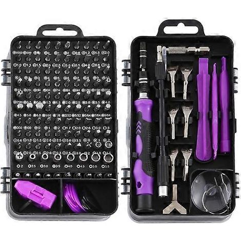 Kit d'outils multifonctions 135 en 1 pour le démontage de téléphones portables, la réparation d'horloges et le tournevis (noir et violet).