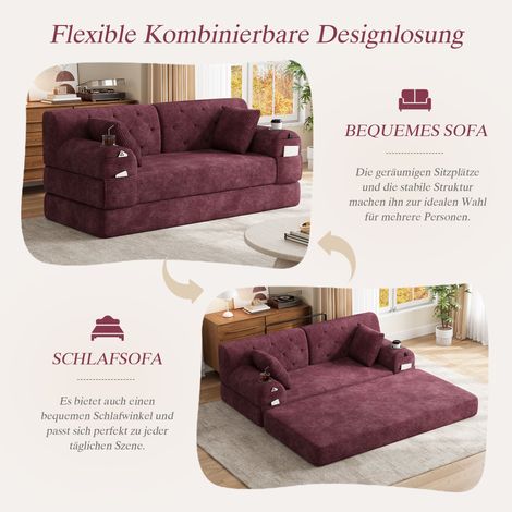 Canapé convertible 2 places velours côtelé compact, dossier surélevé, armature en acier, mousse dense, 2 supports de verre et 4 rangements latéraux, parfait pour séjour et petits espaces, teinte lie-d (1/5)