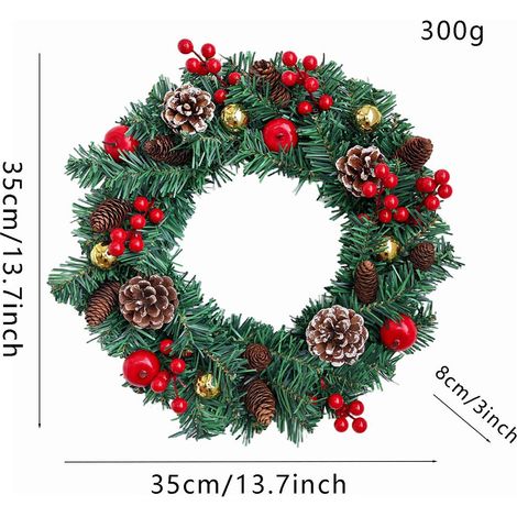 Couronne de Noël décorative pour porte diamètre 35 cm, pommes de pin baies rouges boules dorées, décoration murale et vitrine, vert (1/5)