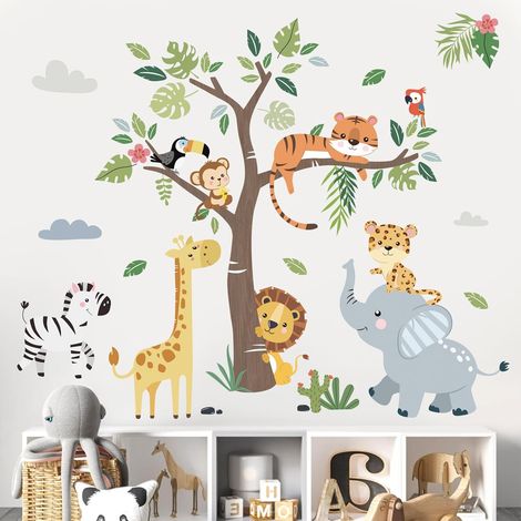 Dschungelbaum-Safari-Elefant, Giraffe, Löwe Wandaufkleber, Wanddekoration für Babyzimmer oder Wohnzimmer