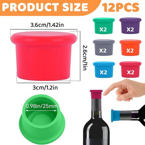Tappi per vino in silicone, 12 pezzi di tappi in silicone colorati, tappi per bottiglie riutilizzabili, set di tappi di ricambio per bottiglie di vino, birra e champagne (6 colori) (1/4)