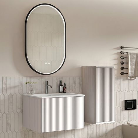 Mueble de baño mural 60 cm con lavabo, espejo LED antivaho y armario lateral blanco DESVIAE (1/5)