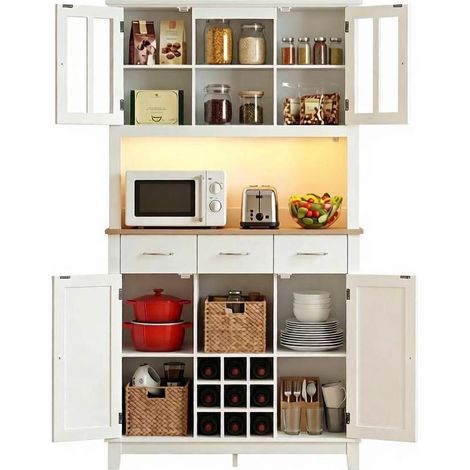 CHICFURN Buffet de cuisine avec éclairage LED RGB 16 couleurs, meuble de rangement moderne, vaisselier avec vitrines, 3 tiroirs, niche café, 100 x 39,5 x 180 cm (1/5)
