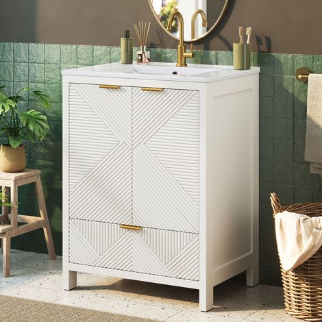 Meuble sous-vasque sur pied 61 cm, vasque céramique, façade ondulée, fermeture douce, étagères et tiroirs, sans robinet, MDF + céramique, blanc (1/5)