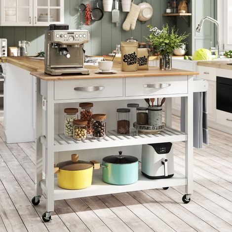 Îlot de Cuisine à 3 Niveaux Desserte Roulant avec Plan de Travail en Bois 2 Tiroirs 2 Étagères Ouvertes et Roues Verrouillables Blanc (1/3)