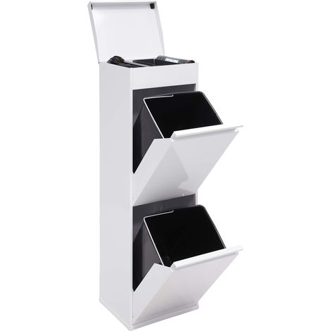 Poubelle de Recyclage Cuisine 2 Bacs 2 x 17 L (34 L) Tri Sélectif 2 Compartiments et Plateau de Rangement Supérieur Meuble-Poubelle 2 Seaux Sac à Ordure blanc (1/5)