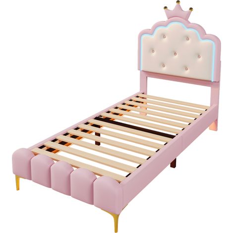 Cama tapizada princesa 90 x 200 cm en PU rosa con somier de láminas e iluminación ambiental (1/5)