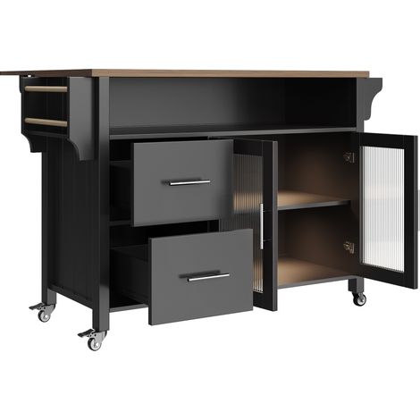 Kücheninsel Schwarz aus MDF mit Glastür, 2 Schubladen, verstellbaren Regalböden, LED und Rollen (1/5)