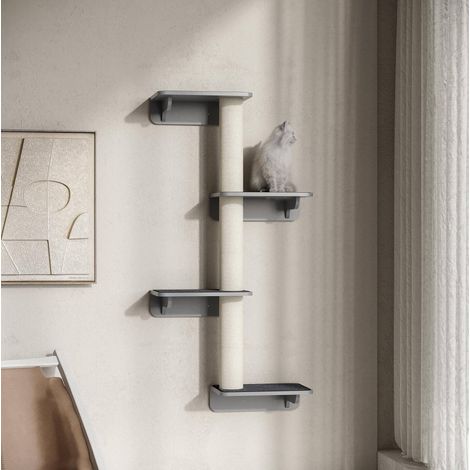 Tiragraffi da parete in MDF e sisal grigio chiaro, 4 livelli per graffiare, arrampicarsi e riposare, 66 x 28 x 137 cm (1/5)