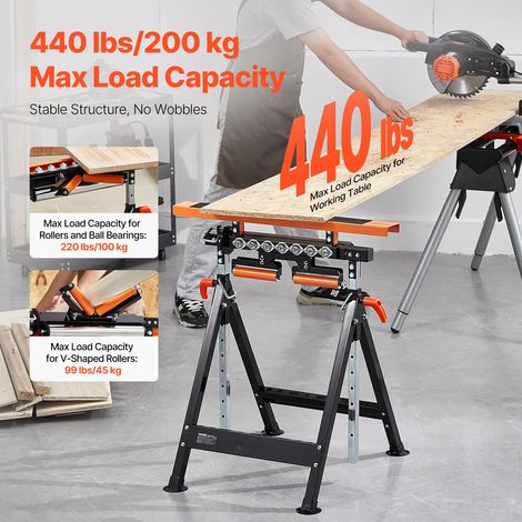 Tréteau Multifonction Capacité de Charge 200 kg Servante à Rouleaux Support à Rouleau Pliable Réglable 838,2-1270 mm avec Tête à Rouleau, pour Support Sortie Scie à Table pour Travail du Bois (1/5)
