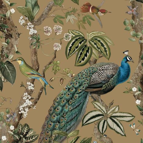 Holden Decor Peacock Woods Gold Wallpaper Floral Naturistic Feature Wall (1/4)