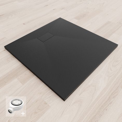 Saniverre – Receveur de douche 90 x 90 cm noir extra-plat – Surface antidérapante aspect pierre – Bonde d'évacuation incluse Ø 90 mm – Installation à encastrer