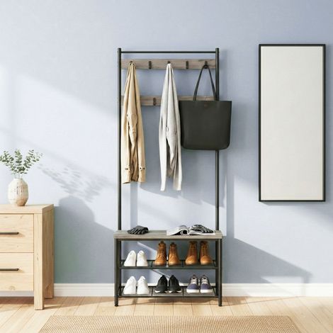 Portemanteau, 32 x 70 x 175 cm, Vestiaire avec Banc de Rangement pour Chaussures, Style Industriel, Beige et Noir (1/5)