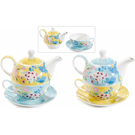 Teiera e tazza fiori colorati primaverili in porcellana, set da 2 pezzi, cm 16 x 10,5 x 13,5 H
