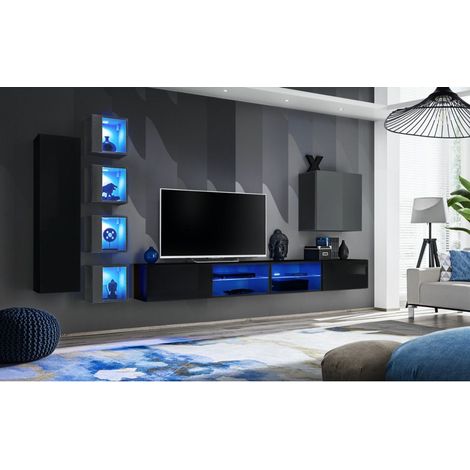 Ensemble meuble TV mural Switch XXVI - L 320 x P 40 x H 150 cm - Noir et gris - Livraison gratuite