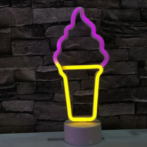 Lampe LED néon décorative sur pied, motif glace en pot, jaune et rose, env. 13 x 30 x 8,5 cm