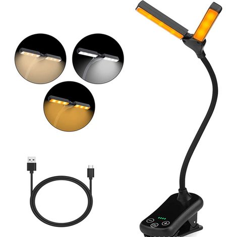 Lampe De Lecture À Pince - Double Tête Pivotante 180° - 16 LED - 3 Modes Couleur Et 3 Niveaux Luminosité - Rechargeable USB - Pour Lecture Nocturne Livre Bureau (1/5)