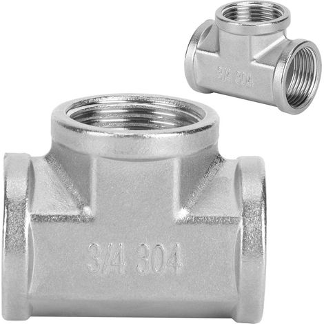 Raccord en T fileté en acier inoxydable 304 pour tuyaux industriels, étagères et outils ménagers. Filetage femelle 3/4 po x 3/4 po x 3/4 po. (1/5)