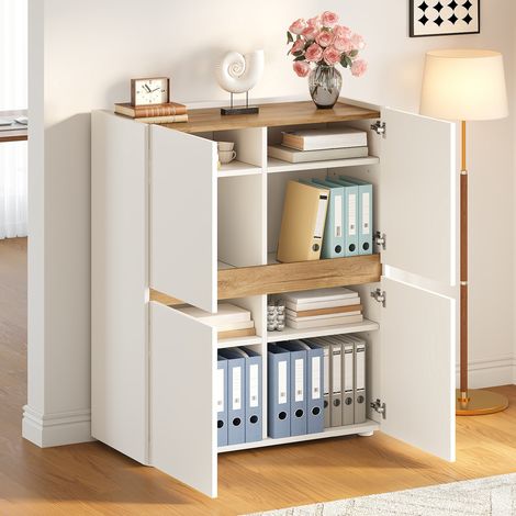Ensemble Bureau et Armoire de Rangement 140x50 cm, Table Informatique Moderne avec Caisson, Meuble de Télétravail Blanc et Chêne (1/5)