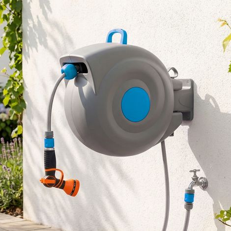 Enrolador automático de manguera de jardín 30 m para pared, pistola de 9 jets, 180° (1/5)
