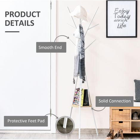 Porte-manteaux sur pied blanc en métal avec 3 barres, 8 crochets et tablette, pour entrée et couloir, style scandinave, 45 x 45 x 180 cm  CHICFURN (1/5)