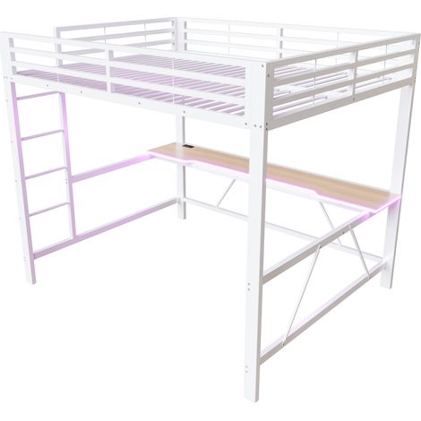 160x200 Metall-Hochbett mit Schreibtisch, LED-Beleuchtung und USB-Ladestation, Weiß (1/5)