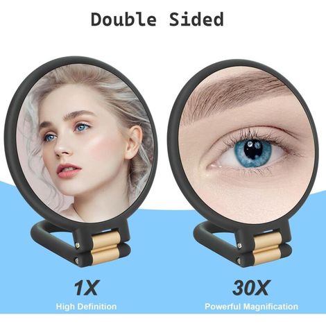 Miroir Grossissant x 30 Double Face Miroir Pliable avec Poignée, Miroir de Maquillage à Main de Coiffeurs Miroir Pliant pour Divers Détails(Noir) (1/4)