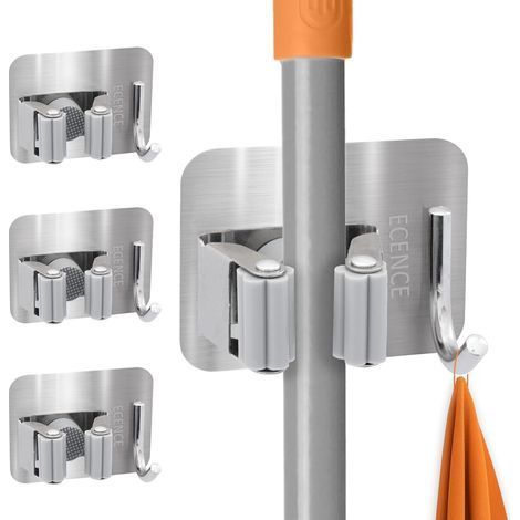 4 Pièces Accroche Balai Mural auto-adhésif avec crochets - Porte Balais Mural pour la cuisine, la buanderie, la salle de bain - Support balai mural sans percage - Argent (1/5)