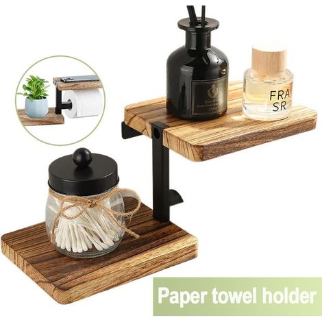 Porte-papier toilette mural en bois carbonisé – Tablette intégrée – Capacité 5 kg – Fixation à vis pour stabilité – Salle de bain et cuisine (1/5)