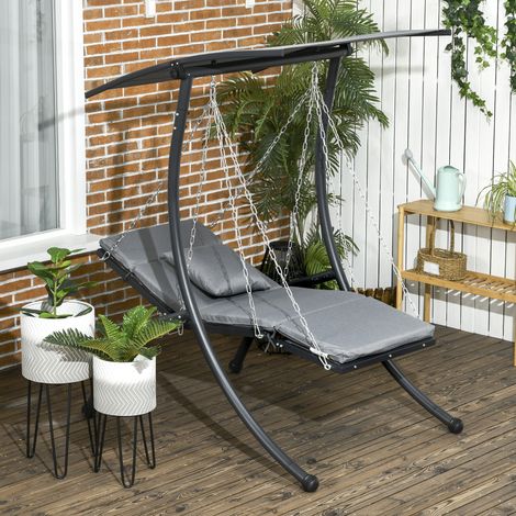 Tumbona colgante Outsunny, toldo inclinable, incluye cojín de asiento, reposacabezas, estructura de acero, gris oscuro, 108 x 145 x 169 cm